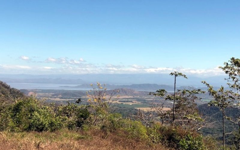 Blick von der 15 Hektar Finca bei Carmona auf die nordpazifische Landschaft mit Meer im Hintergrund.