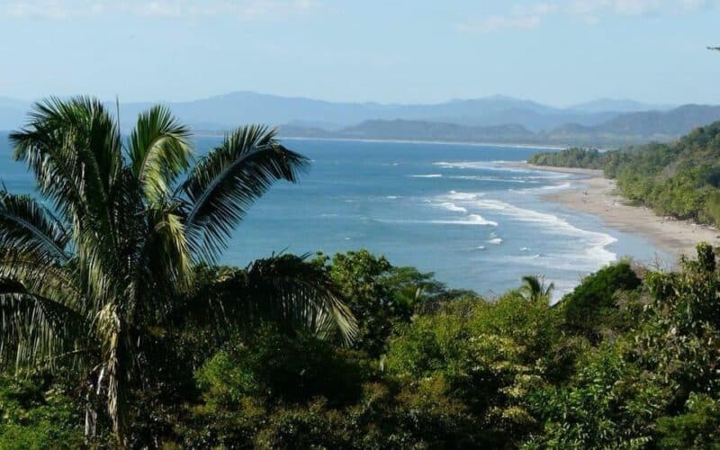 Küstenansicht von Playa Manzanillo mit Palmen und Meer im Hintergrund.
