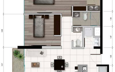 Grundriss einer Eigentumswohnung im 20. Stock in Rohrmoser San Jose mit zwei Schlafzimmern, Wohnzimmer, Küche und Balkon.