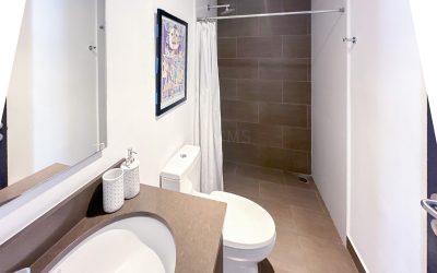 Modernes Badezimmer mit Waschbecken, Toilette und Dusche in einer Eigentumswohnung in Rohrmoser San Jose.